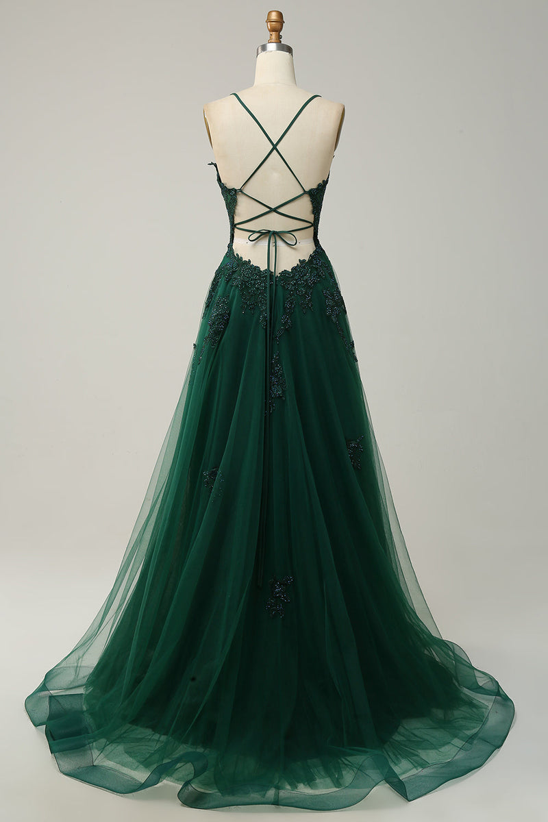 Load image into Gallery viewer, A Line Spaghetti Straps Green Long Prom Dress with Criss Cross Back