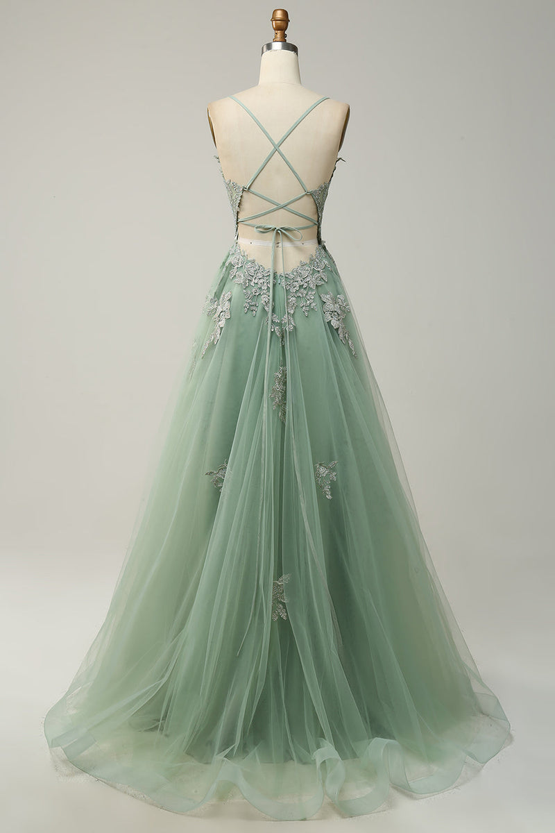 Load image into Gallery viewer, A Line Spaghetti Straps Green Long Prom Dress with Criss Cross Back