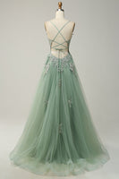 Load image into Gallery viewer, Spaghetti Straps A Line Grey Blue Long Prom Dress with Criss Cross Back