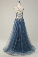 Load image into Gallery viewer, A Line Spaghetti Straps Blush Long Prom Dress with Appliques