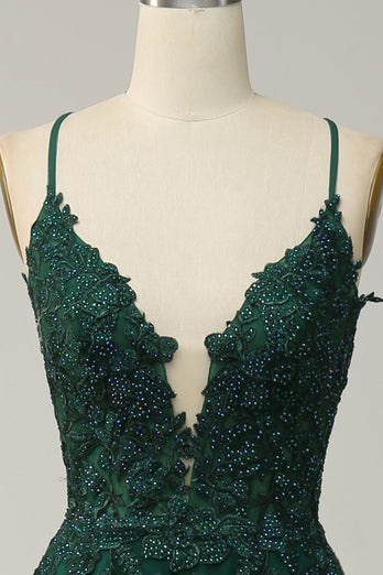 A Line Spaghetti Straps Dark Green Long Prom Dress with Criss Cross Back