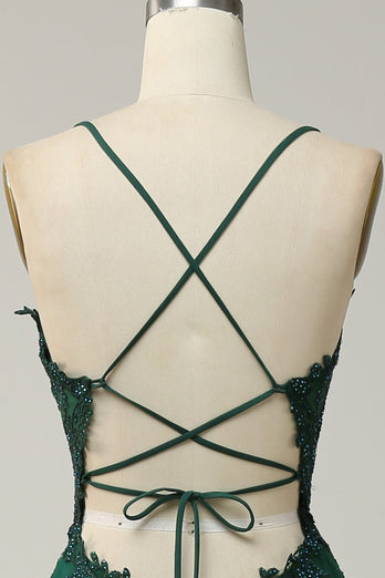 A Line Spaghetti Straps Dark Green Long Prom Dress with Criss Cross Back