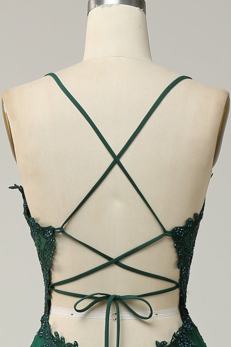 Load image into Gallery viewer, A Line Spaghetti Straps Dark Green Long Prom Dress with Criss Cross Back