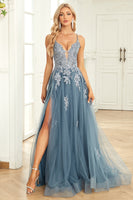 Load image into Gallery viewer, Grey Blue A Line Spaghetti Straps Long Prom Dress with Appliques