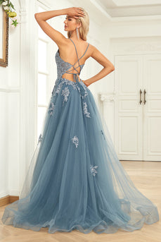 Grey Blue A Line Spaghetti Straps Long Prom Dress with Appliques