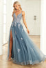 Load image into Gallery viewer, Grey Blue A Line Spaghetti Straps Long Prom Dress with Appliques