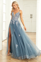 Load image into Gallery viewer, Grey Blue A Line Spaghetti Straps Long Prom Dress with Appliques