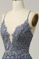 Load image into Gallery viewer, Spaghetti Straps A Line Grey Blue Long Prom Dress with Criss Cross Back