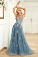 Load image into Gallery viewer, Grey Blue A Line Spaghetti Straps Long Prom Dress with Appliques