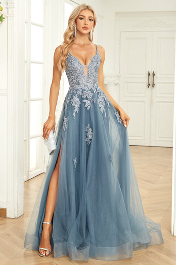 Grey Blue A Line Spaghetti Straps Long Prom Dress with Appliques