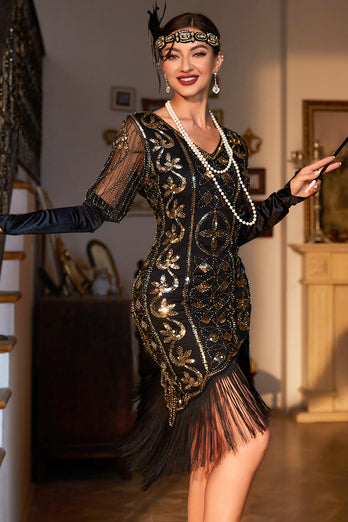 Black V-neck Sequin Fringed Sparky Party Dress