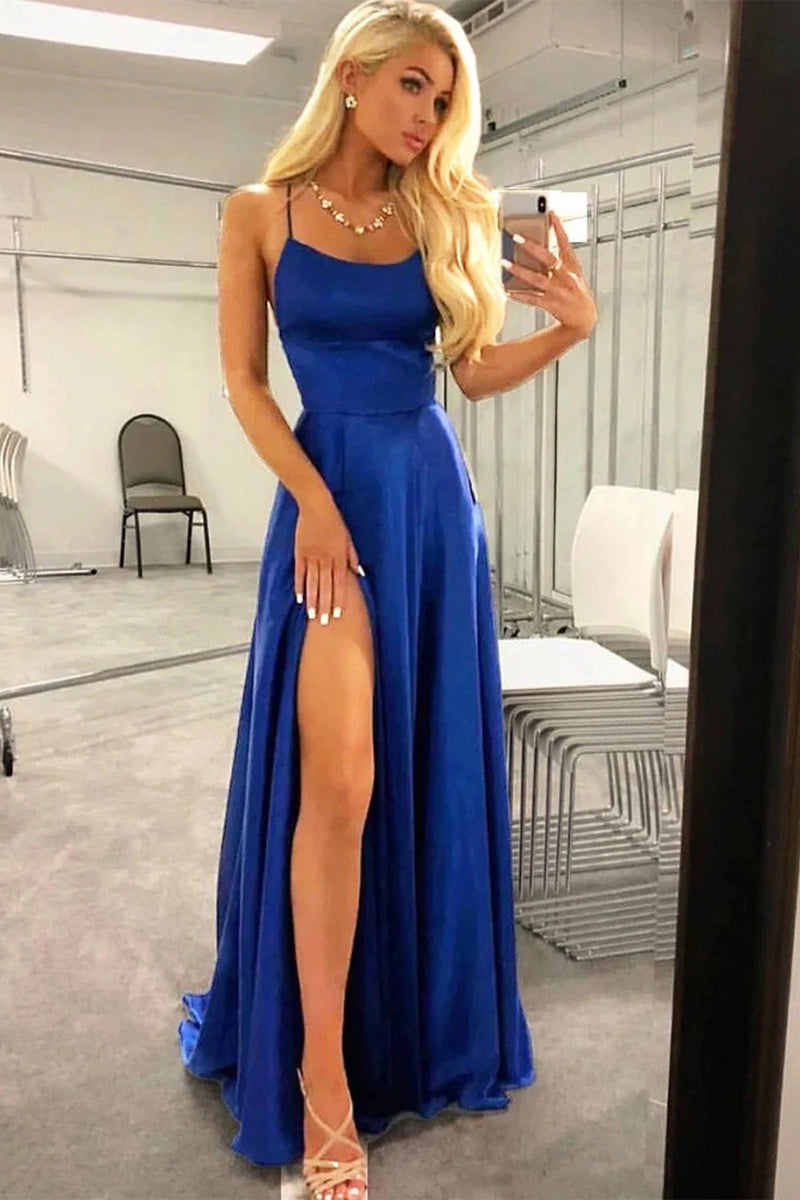 Load image into Gallery viewer, Royal Blue Halter Backless A Line Prom Dress with Slit