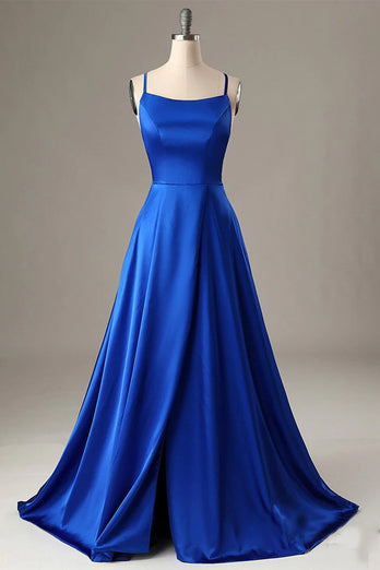 Royal Blue Halter Backless A Line Prom Dress with Slit