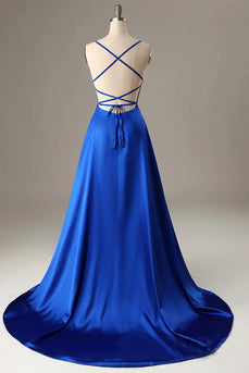 Royal Blue Halter Backless A Line Prom Dress with Slit