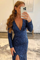 Load image into Gallery viewer, Sheath Deep V Neck Navy Sequins Long Prom Dress with Split