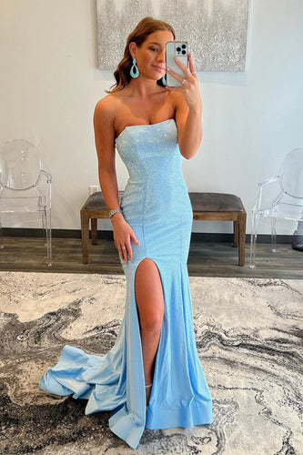 Blue Strapless Mermaid Prom Dress with Slit