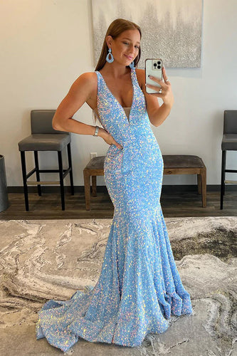 Blue Sequins Mermaid Sparkly Prom Dress