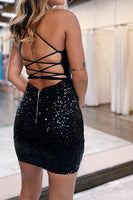 Load image into Gallery viewer, Sparkly Lace-Up Black Sequins Spaghetti Straps Tight Short Graduation Dresses
