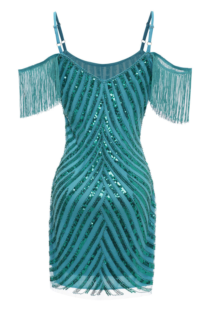 Load image into Gallery viewer, Sparkly Turquoise Tight Sequins Short Homecoming Dress with Fringes