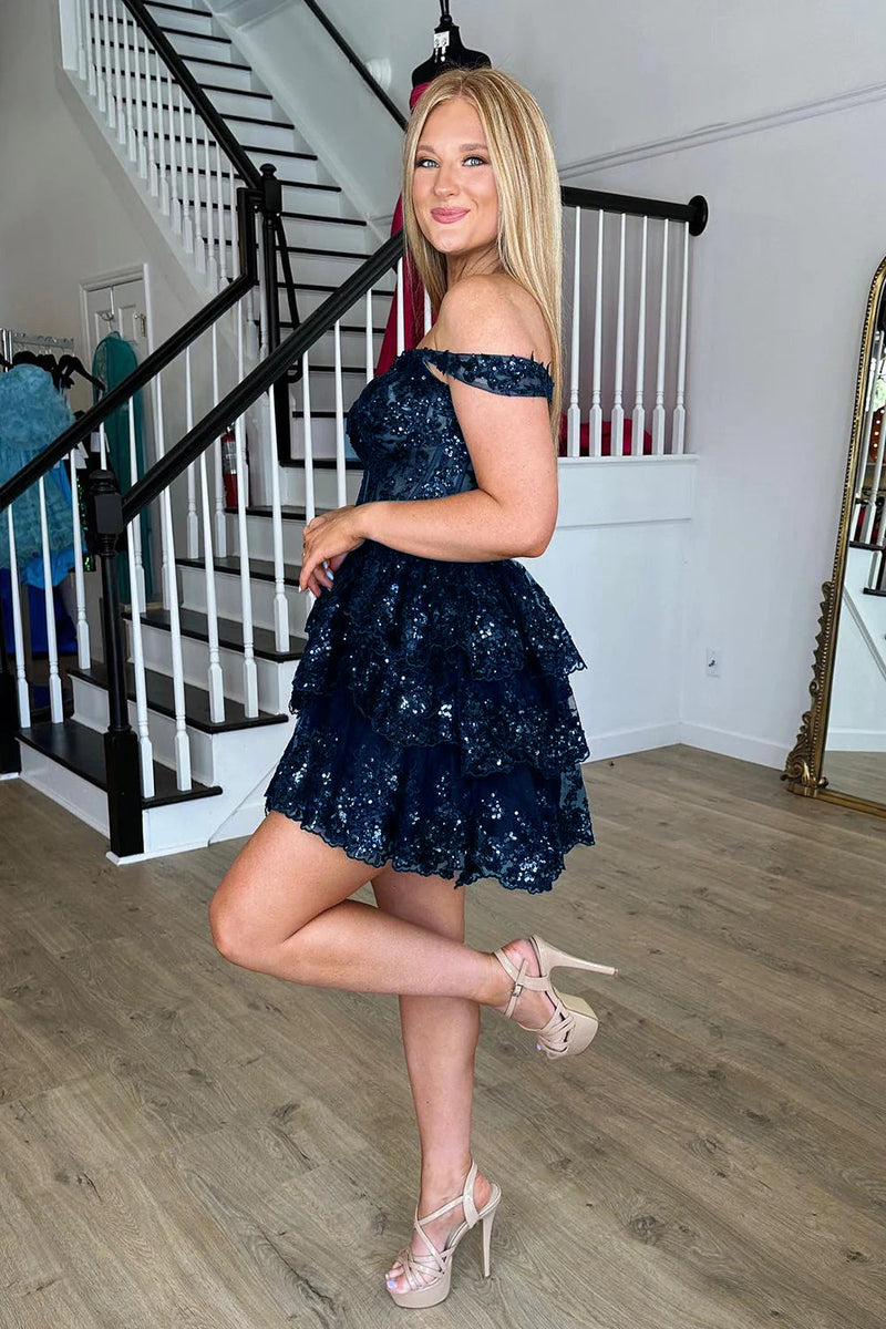 Load image into Gallery viewer, Sparkly Navy Corset Tiered Lace A-Line Short Graduation Dress