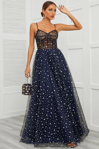 Spaghetti Straps Navy Long Prom Dress with Star