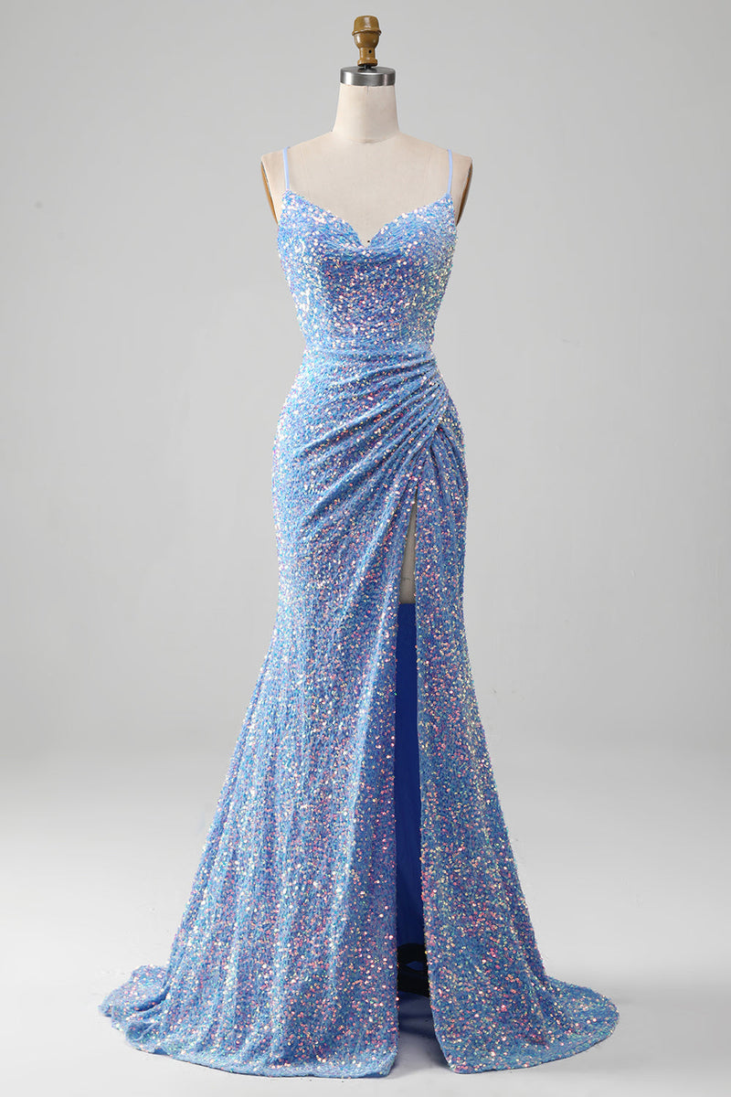 Load image into Gallery viewer, Sparkly Sequins Mermaid Light Blue Prom Dress with Slit