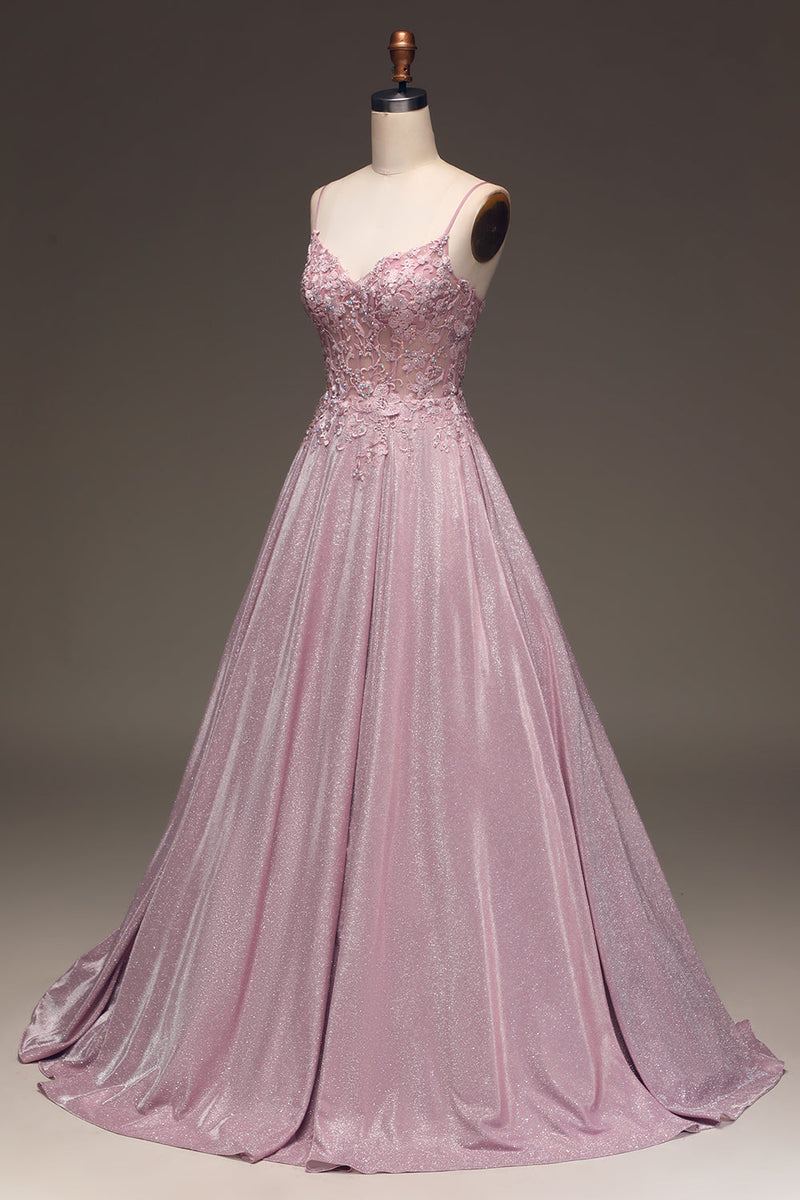 Load image into Gallery viewer, Glitter Spaghetti Straps Blush Prom Dress with Beading