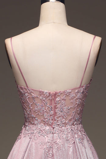 Glitter Spaghetti Straps Blush Prom Dress with Beading