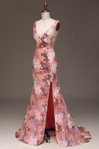 Blush Sparkly Sequin Mermaid Long Prom Dress With Slit