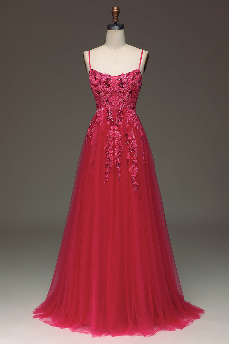 Load image into Gallery viewer, Spaghetti Straps A Line Red Prom Dress with Appliques