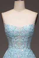 Load image into Gallery viewer, A Line Light Blue Sequin Spaghetti Straps Prom Dress With Appliques