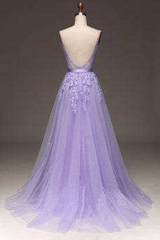 Purple A-Line Spaghetti Straps Long Beaded and Tulle Prom Dress with Appliques