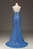 Load image into Gallery viewer, Spaghetti Straps Blue Sparkly Corset Prom Dress with Slit