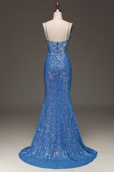 Spaghetti Straps Blue Sparkly Corset Prom Dress with Slit