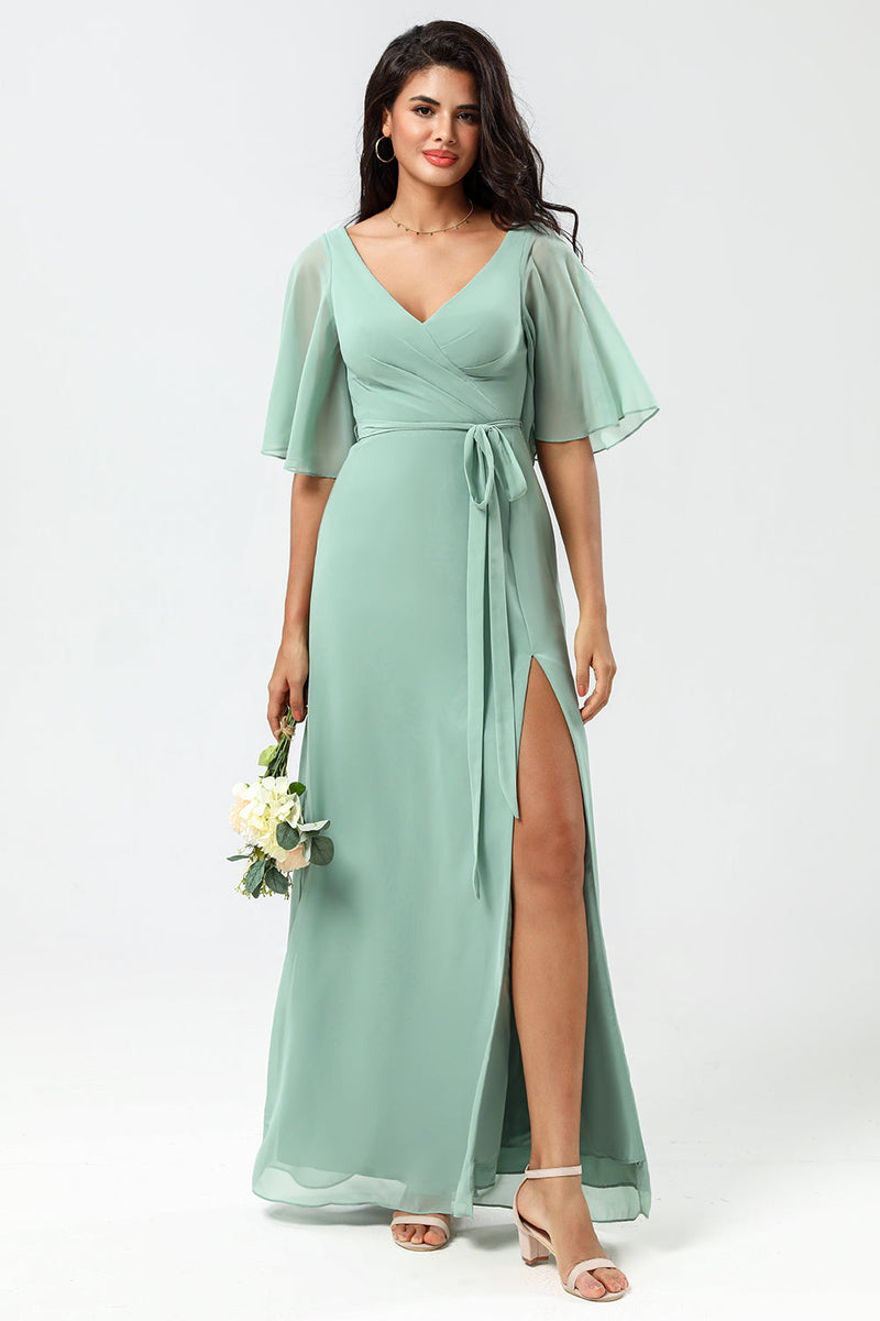 Load image into Gallery viewer, Chiffon V-neck Mint Bridesmaid Dress with Slit