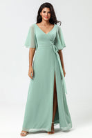 Load image into Gallery viewer, Chiffon V-neck Mint Bridesmaid Dress with Slit