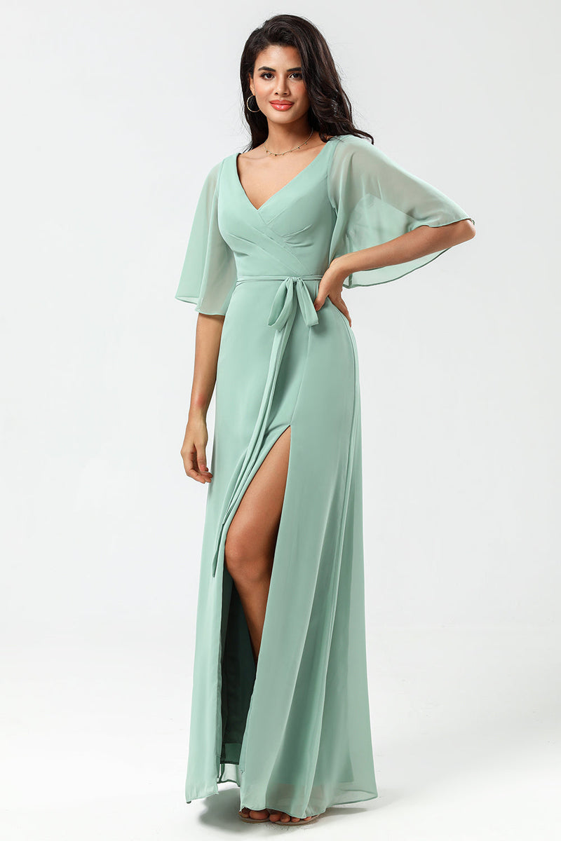 Load image into Gallery viewer, Chiffon V-neck Mint Bridesmaid Dress with Slit