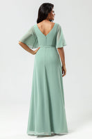 Load image into Gallery viewer, Chiffon V-neck Mint Bridesmaid Dress with Slit