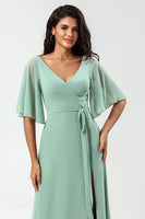 Load image into Gallery viewer, Chiffon V-neck Mint Bridesmaid Dress with Slit