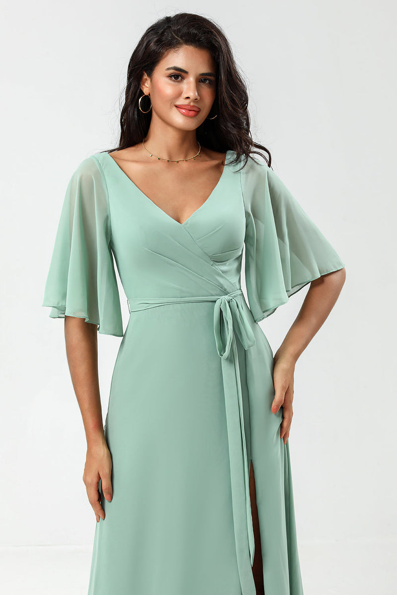 Load image into Gallery viewer, Chiffon V-neck Mint Bridesmaid Dress with Slit