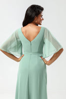 Load image into Gallery viewer, Chiffon V-neck Mint Bridesmaid Dress with Slit