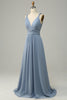 Load image into Gallery viewer, Dusty Blue Deep V Neck A Line Long Bridesmaid Dress