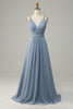 Load image into Gallery viewer, Dusty Blue Deep V Neck A Line Long Bridesmaid Dress