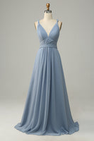 Load image into Gallery viewer, Dusty Blue Deep V Neck A Line Long Bridesmaid Dress