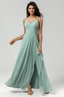 Load image into Gallery viewer, Green Spaghetti Straps Long Bridesmaid Dress with Ruffles