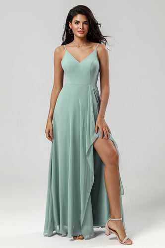 Green Spaghetti Straps Long Bridesmaid Dress with Ruffles