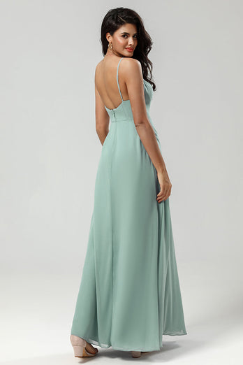 Green Spaghetti Straps Long Bridesmaid Dress with Ruffles