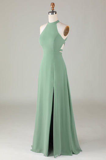 A-Line Halter Open Back Matcha Bridesmaid Dress with Split Front