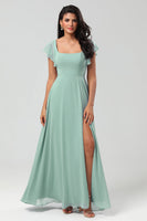 Load image into Gallery viewer, Green Square Neck Chiffon Bridesmaid Dress with Ruffles