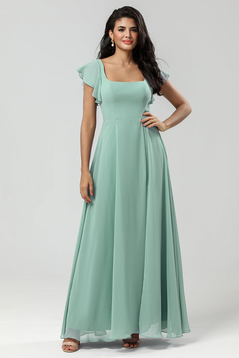 Load image into Gallery viewer, Green Square Neck Chiffon Bridesmaid Dress with Ruffles